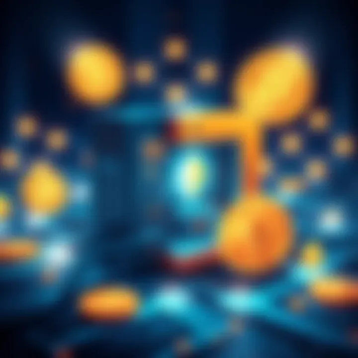 An illustration showing a quantum computer with digital currency symbols like Bitcoin and Ethereum around it, representing the connection between quantum computing and cryptocurrency.