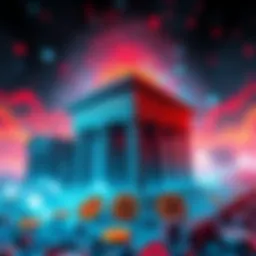 A visual representation of quantum technology looming over traditional banking structures and Bitcoin symbols, illustrating the potential risks to financial systems.