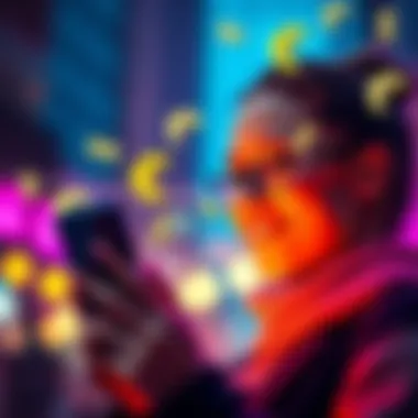 Quick Cash Opportunity in the EU A person smiling while looking at their phone with money symbols around them, representing easy earnings in the EU.