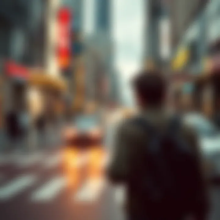 A person making a swift exit from a busy street, looking back over their shoulder