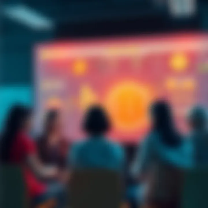 R-Bitcoin Participation Guidelines A group of diverse people discussing R-Bitcoin strategies with a digital screen showing cryptocurrency graphs and rules in the background.