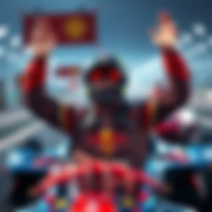 A player celebrating their best finish in Atlas Racer, showing excitement and joy with a racing car in the background.