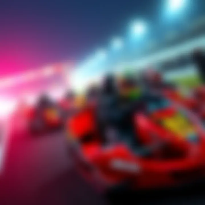 A group of racers in colorful cars racing on a track, focused and determined, while spectators watch from the sidelines.