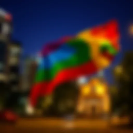 A vibrant rainbow flag waving in a city park, symbolizing acceptance and diversity within the LGBTQ+ community.