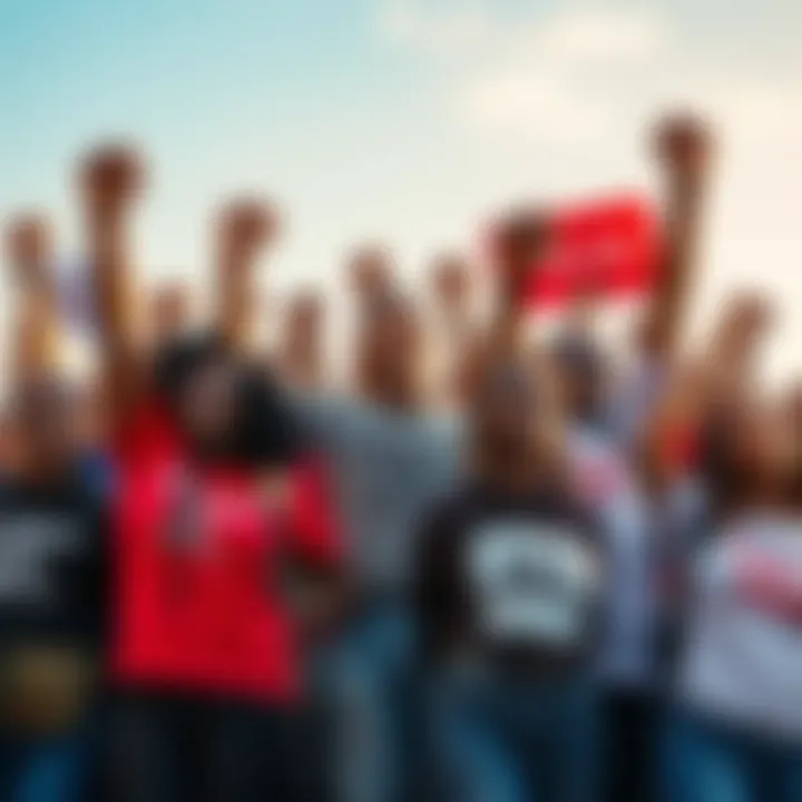 A diverse group of people standing together with raised fists, showcasing unity and determination, wearing shirts with motivational slogans.