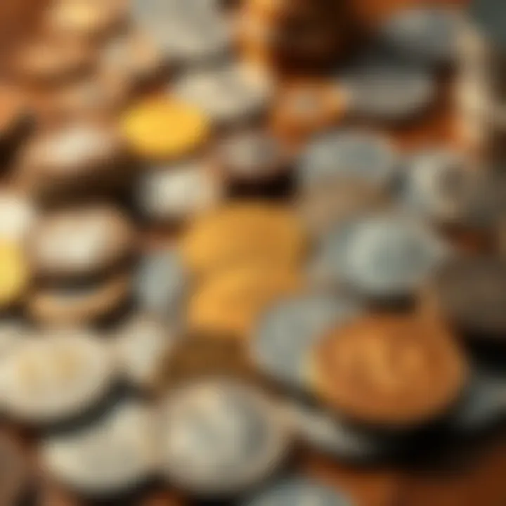 A close-up of a rare coin collection displayed on a wooden table, showcasing various coins with unique designs and ages.
