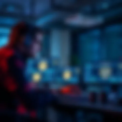 A group of developers collaborating on a project, with Cardano and .NET logos visible on screens, showcasing innovation in blockchain technology.