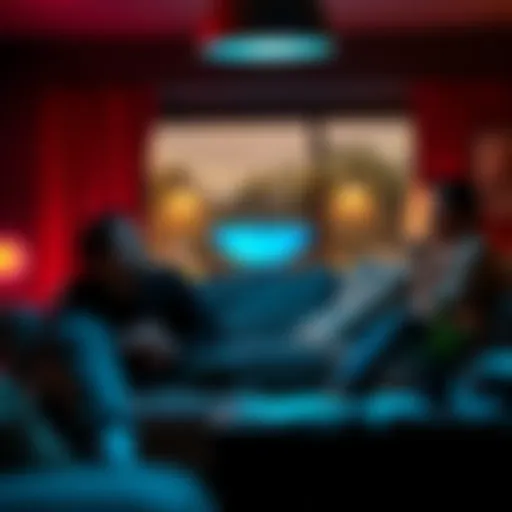 A group of reality TV contestants sitting in a living room, appearing uninterested and disengaged during a scene.