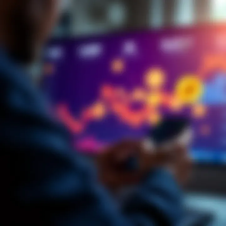 A person adjusting their crypto portfolio using a Ledger hardware wallet, with digital coins displayed on a screen in the background.