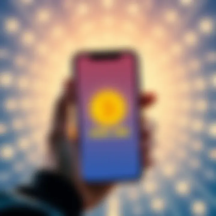 A person holding a smartphone displaying $30 in crypto bucks with a bright background