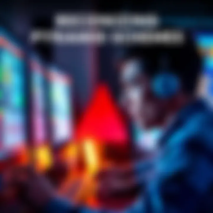 A person looking at a computer screen with warning signs related to pyramid schemes displayed.