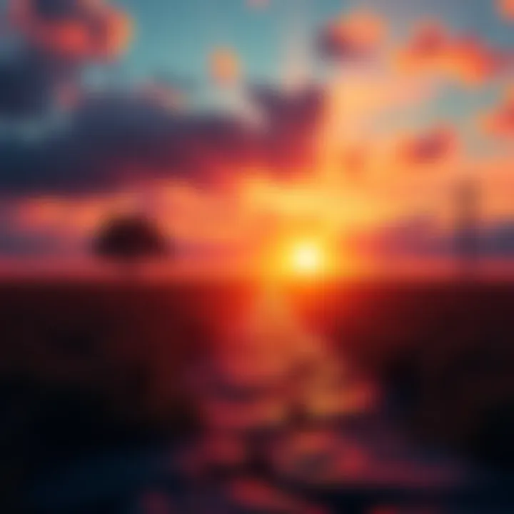 A vibrant sunrise illuminating a path filled with growth charts and dream symbols, representing investment opportunities and hope.