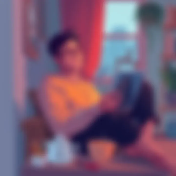 Person sitting in a cozy space, painting, with a calm expression and a cup of tea nearby, representing stress relief from bitcoin concerns