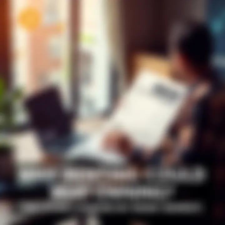 A person sitting at a table with a laptop and financial documents, comparing the costs of renting an apartment versus owning a home, with Bitcoin graphics in the background.