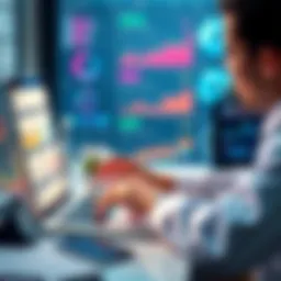 A researcher analyzing data on a laptop with charts and graphs on the screen.