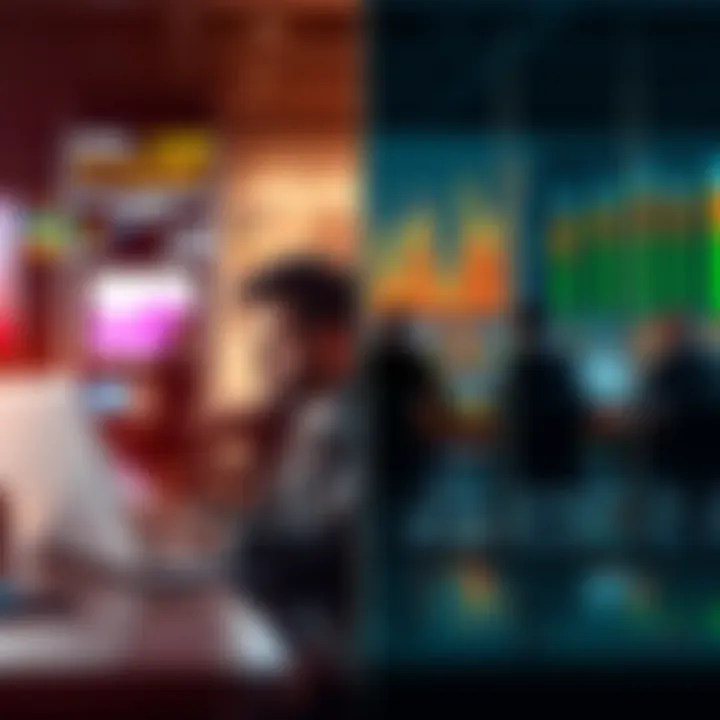 Retail and Institutional Investors Trading A split image showing a retail investor with a laptop on one side and institutional investors analyzing market data in a conference room on the other side.