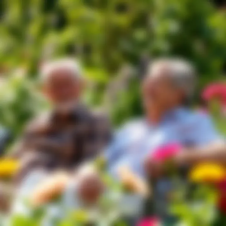 Retired couple relaxing in a garden A happy elderly couple enjoying their retirement in a sunny garden, surrounded by greenery and flowers.