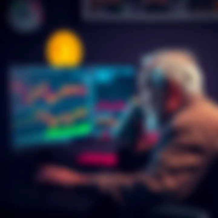 A retiree looking at a computer screen with Bitcoin charts, contemplating selling investments for more BTC