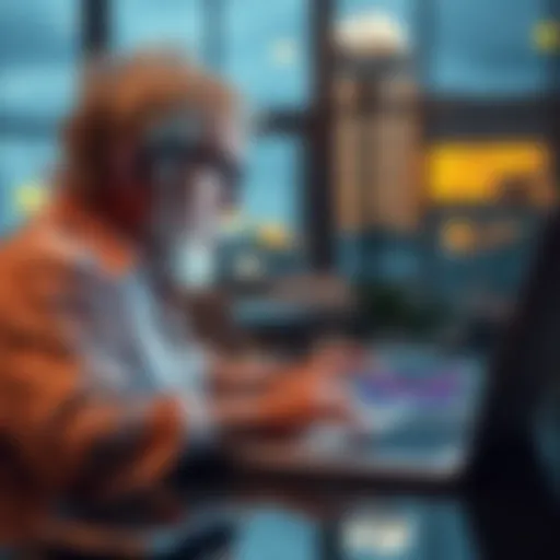 A retiree looking at a laptop with cryptocurrency charts, considering converting $8 million in crypto to fiat currency in Dubai for tax benefits.