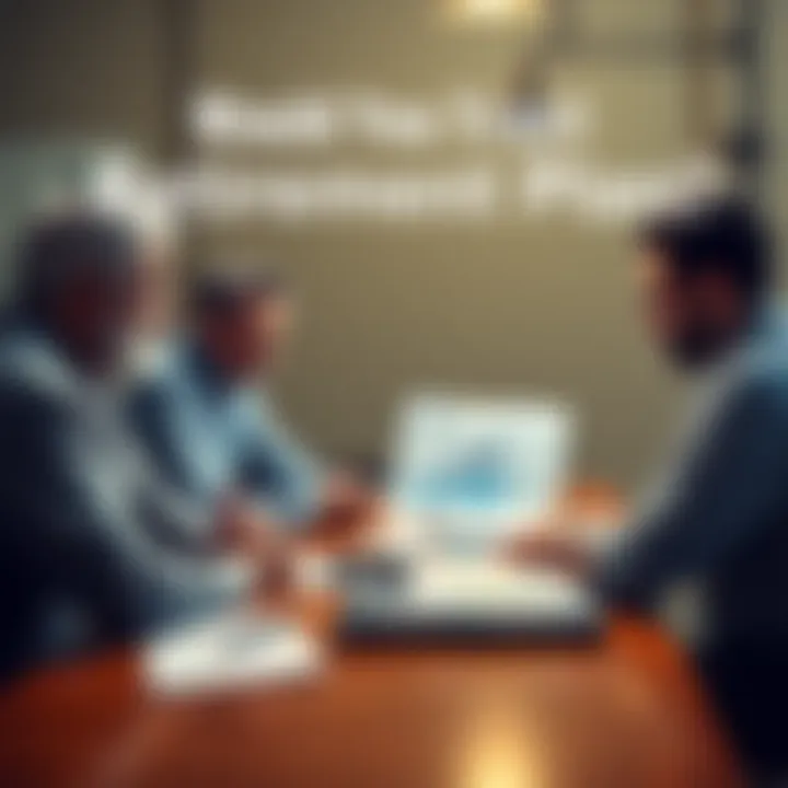 A group of people discussing retirement strategies at a table with charts and documents.