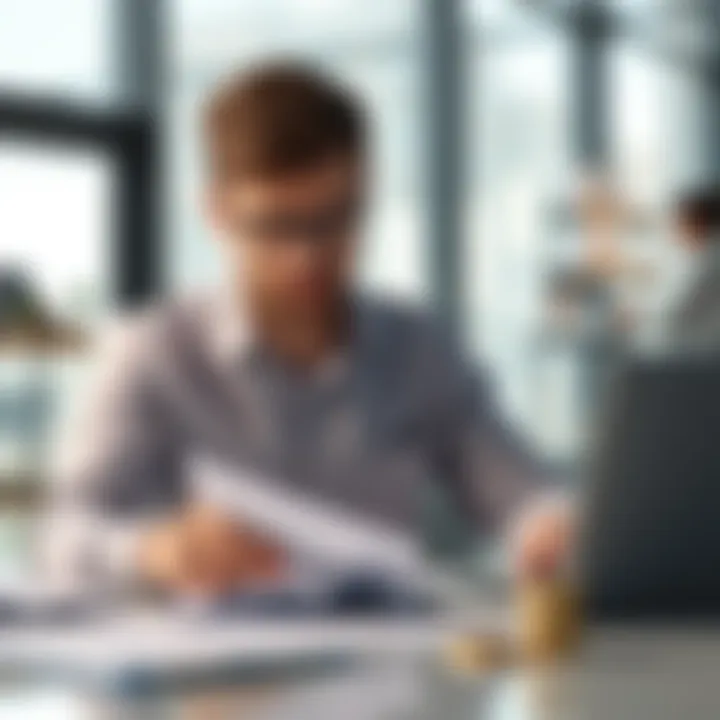 Retirement Planning A 39-year-old professional calculating retirement savings with a laptop and financial documents in a modern office.