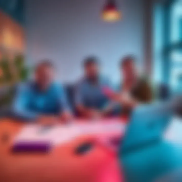 Revolut team celebrating the approval of their banking license in the UK, with financial documents on a table and a laptop showing their app.