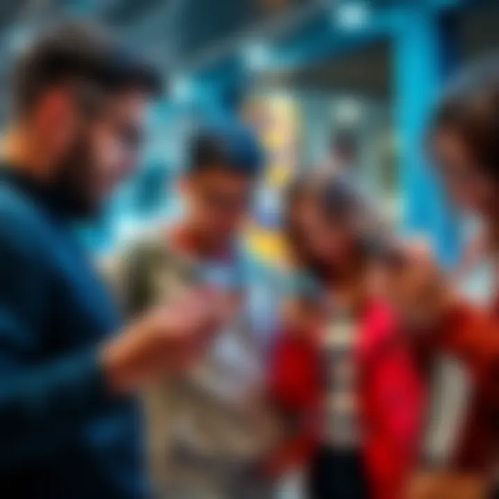 People using Revolut for money transfers A group of people discussing money transfers while using the Revolut app on their smartphones