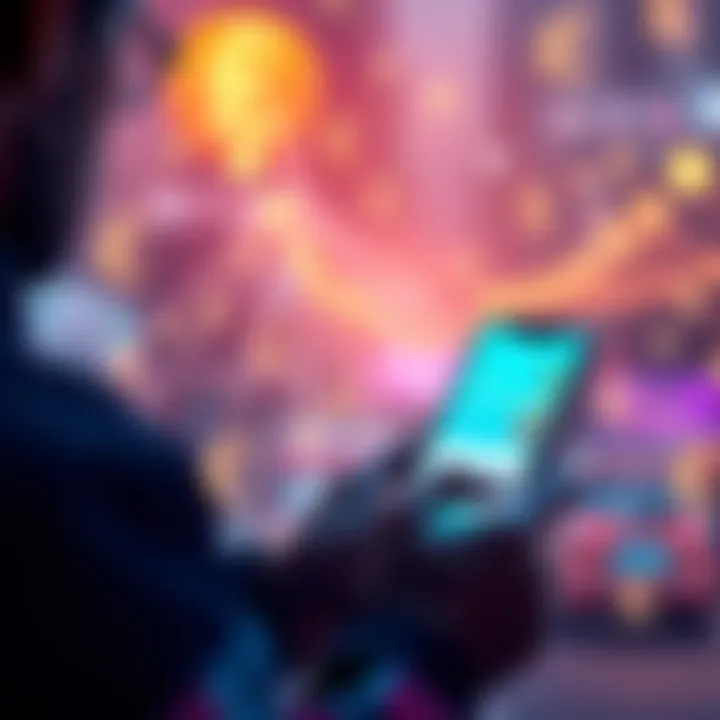 A person using a mobile app to manage shared funds while traveling abroad, with currency symbols in the background.