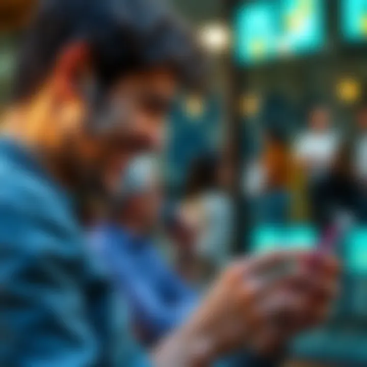 A satisfied person using their phone to manage finances with Revolut app, showing fast transfers and smooth banking experience.