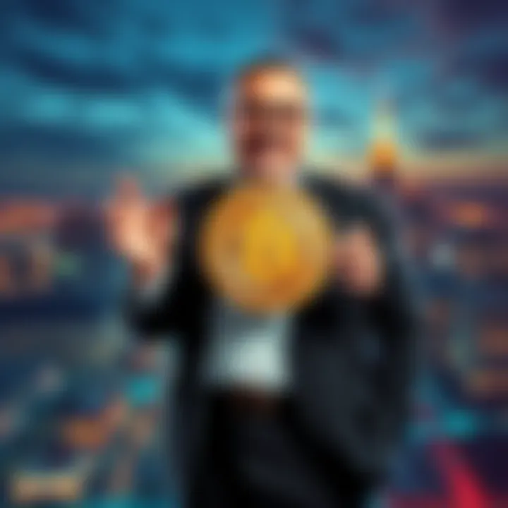 Billionaire Ricardo Salinas Mexican billionaire Ricardo Salinas stands confidently, advocating for investment in Bitcoin while holding a Bitcoin symbol, with a city skyline in the background.