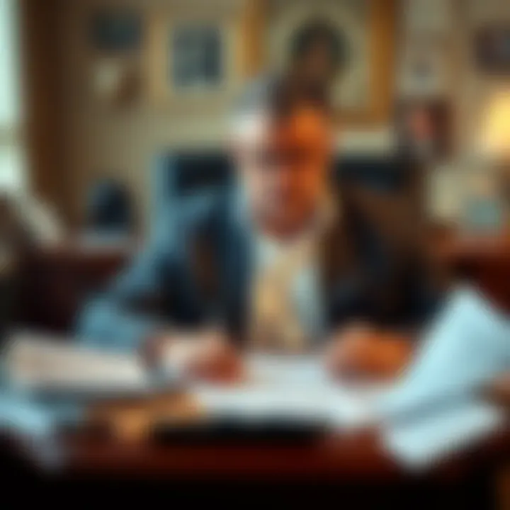 The author of Rich Dad Poor Dad sits at a desk with debt papers scattered around him, showing stress and concern on his face.
