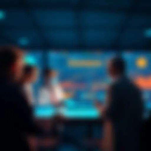 A group of professionals discussing risk management technology using Hashgraph on a digital screen