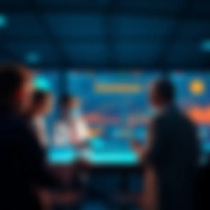 Risk Management Technology A group of professionals discussing risk management technology using Hashgraph on a digital screen