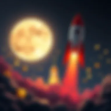 A rocket soaring towards the moon, surrounded by symbols of popular cryptocurrencies, representing the excitement in the crypto market for 2026.