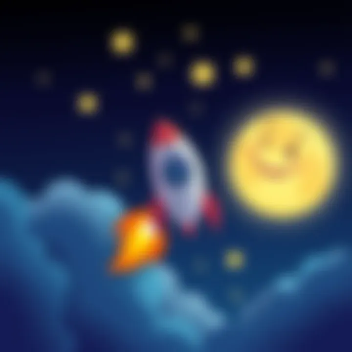 A colorful cartoon rocket flying happily towards a bright, smiling moon with stars twinkling around it