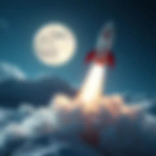 A rocket taking off, heading towards the Moon, symbolizing hopes for price increases in the market.