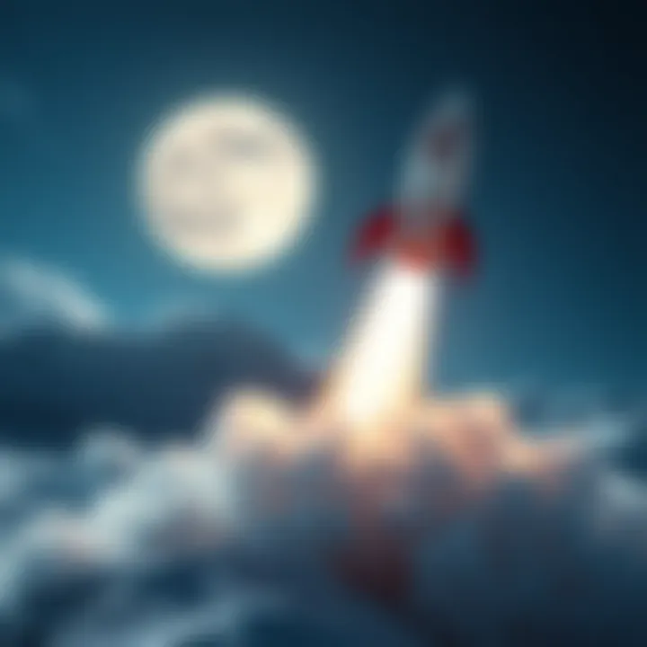 A rocket taking off, heading towards the Moon, symbolizing hopes for price increases in the market.