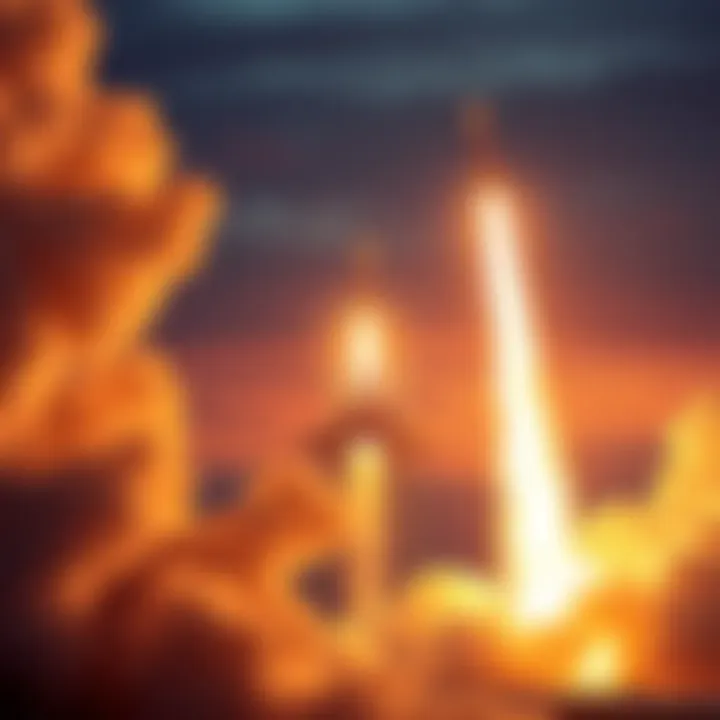 A rocket launching from a launch pad, surrounded by billowing smoke and bright flames as it heads into the sky.