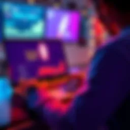 A person analyzing ETH staking options with a laptop, showing a Rocket Pool logo on the screen.