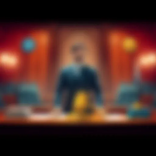 Courtroom scene with Roman Storm standing before a judge, surrounded by legal documents and cryptocurrency symbols, highlighting the retrial for Tornado Cash.