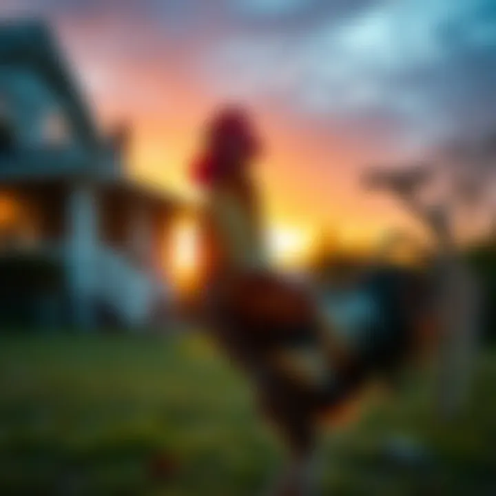A rooster crowing in a front yard during sunrise, symbolizing a new beginning and freedom from the past.