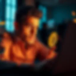 A person with a worried expression looking at a downward trend on a Bitcoin chart on their laptop screen.