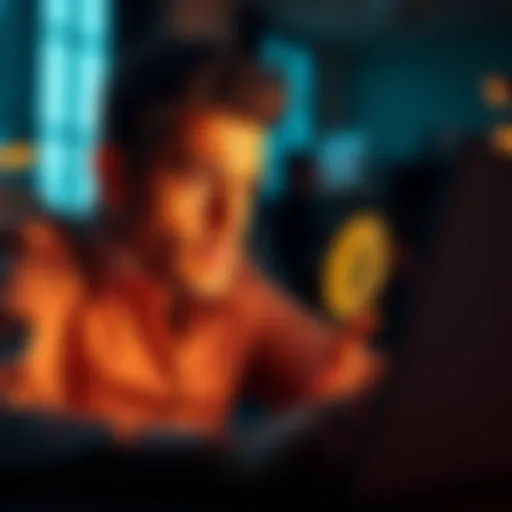 A person with a worried expression looking at a downward trend on a Bitcoin chart on their laptop screen.