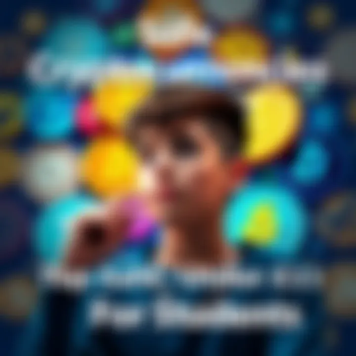 A collage of different cryptocurrency symbols with a student looking at them thoughtfully, representing safe investment options under $1.