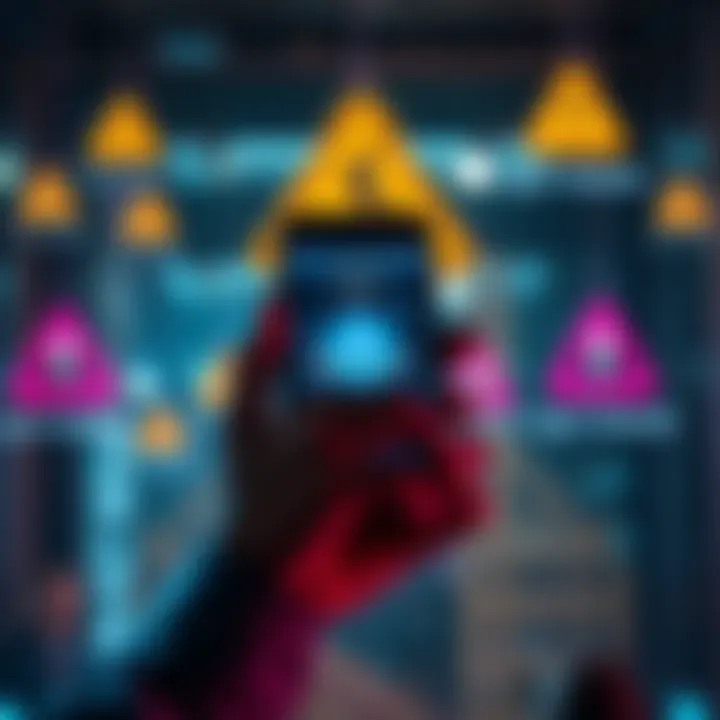 A person searching for trustworthy sources to download Ledger APK on a smartphone with warning symbols in the background