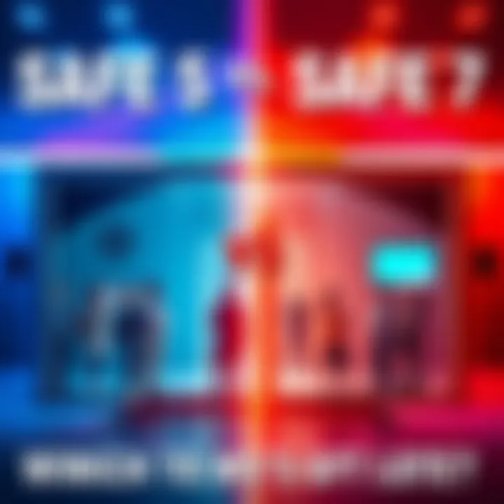 A split image showing Safe 5 on one side and Safe 7 on the other, with people discussing their features in the center.