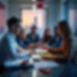 A diverse group of people in a meeting discussing strategies, with charts and technology gadgets on the table.