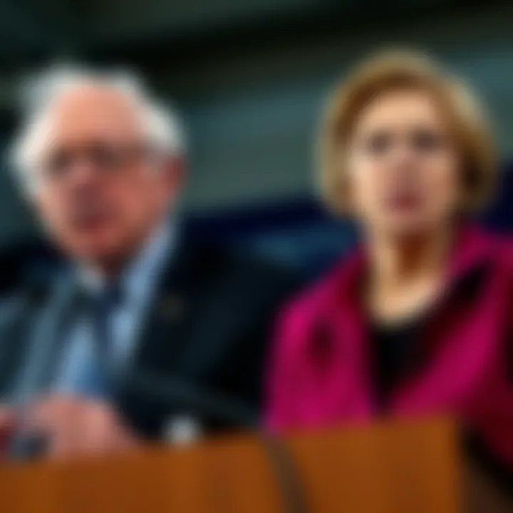 Politicians Bernie Sanders and Elizabeth Warren speaking at a press conference against Bitcoin investments in 401(k) plans.