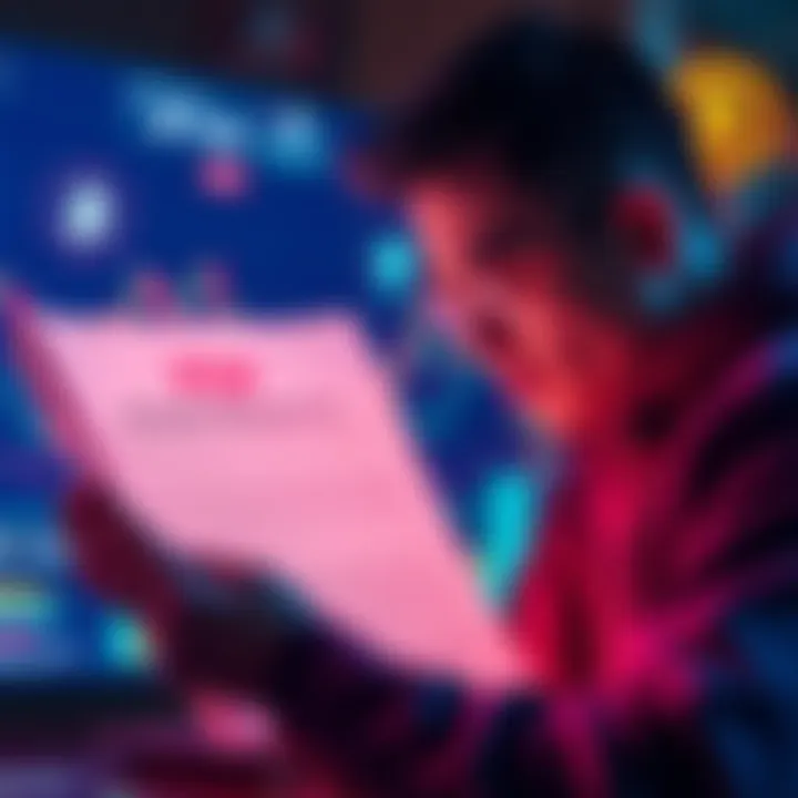Satoshi Nakamoto PDF Insights A person reading a PDF document about Satoshi Nakamoto, with cryptocurrency graphics in the background