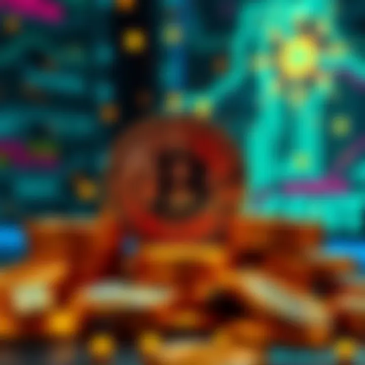 A digital representation of coins with a quantum computer in the background, symbolizing the impact of quantum technology on Bitcoin security.